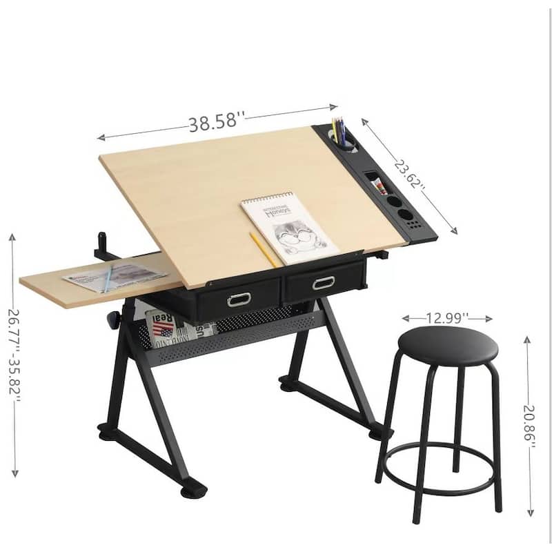 Anmytek Multifunctional Drafting Table with Tiltable Wood Top Storage Drawers Pegboard and Stool for Artist Home Studio