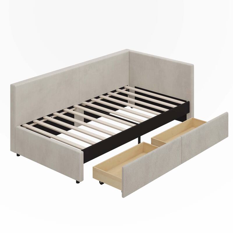 Twin Size L Shape Corner Bed, Corduroy Upholstered Daybed with Two Storage Drawers and Vertical Striped Design