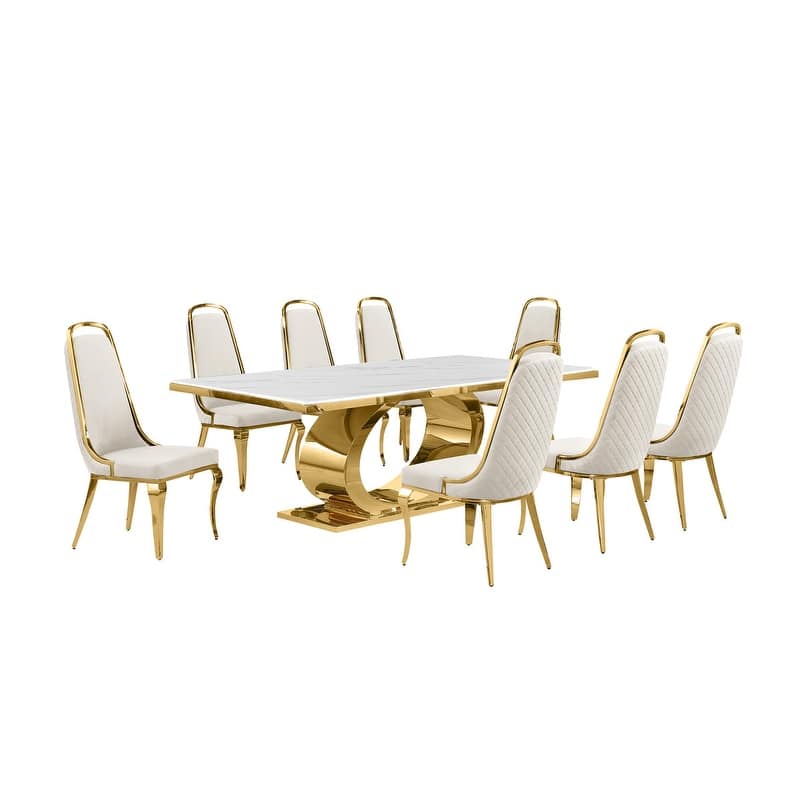 Best Quality Furniture D432/3-SC310-7 Dining Set with 87" White Marble Top