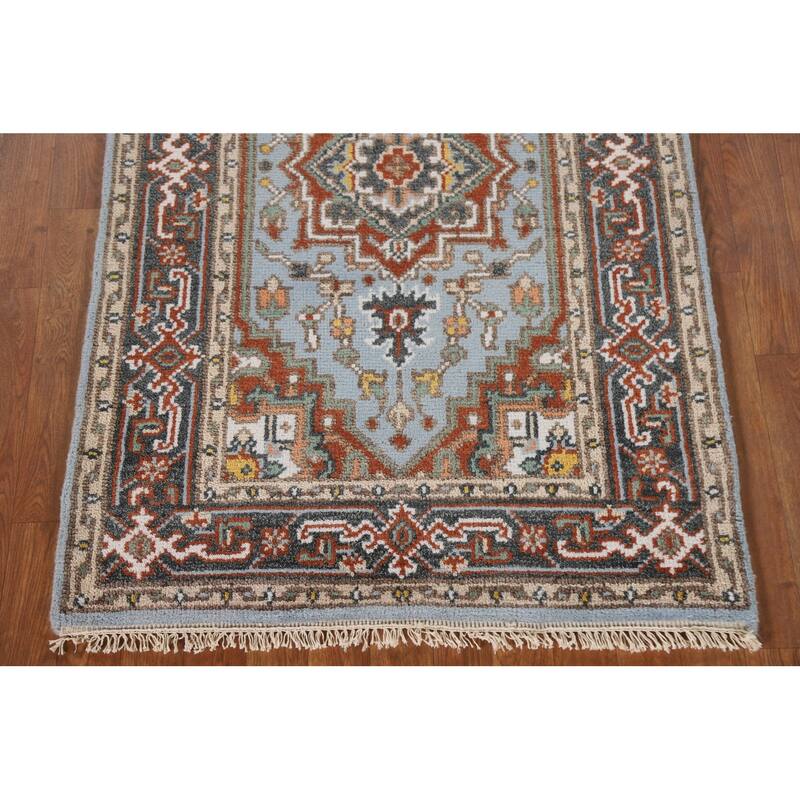 Light Blue Geometric Heriz Indian Area Rug Handmade Wool Carpet - 3'2"x 4'11"