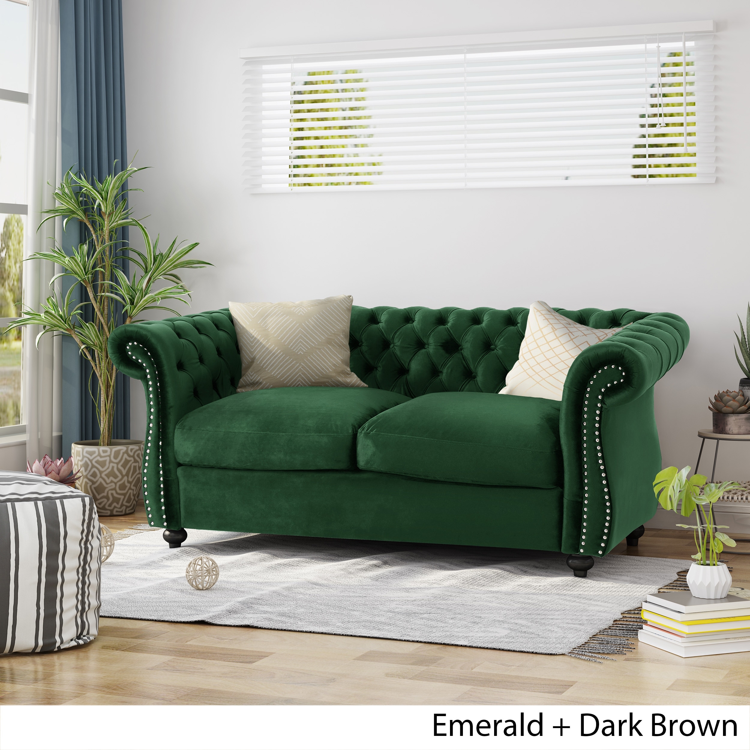 Emerald 2 Seat Sofa Couch Upholstered Loveseat with Nailhead Trim, 2-Seater Settee with Rolled Armrests