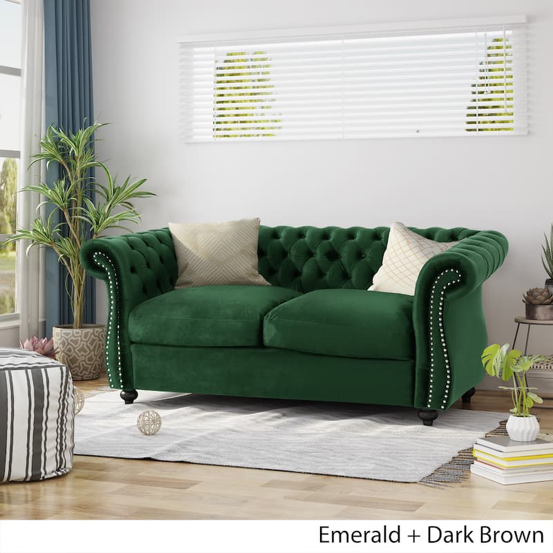 Emerald Chesterfield 61.75" Button Tufted Upholstered Loveseat Sofa with Nailheads and Wood Legs for Living Room