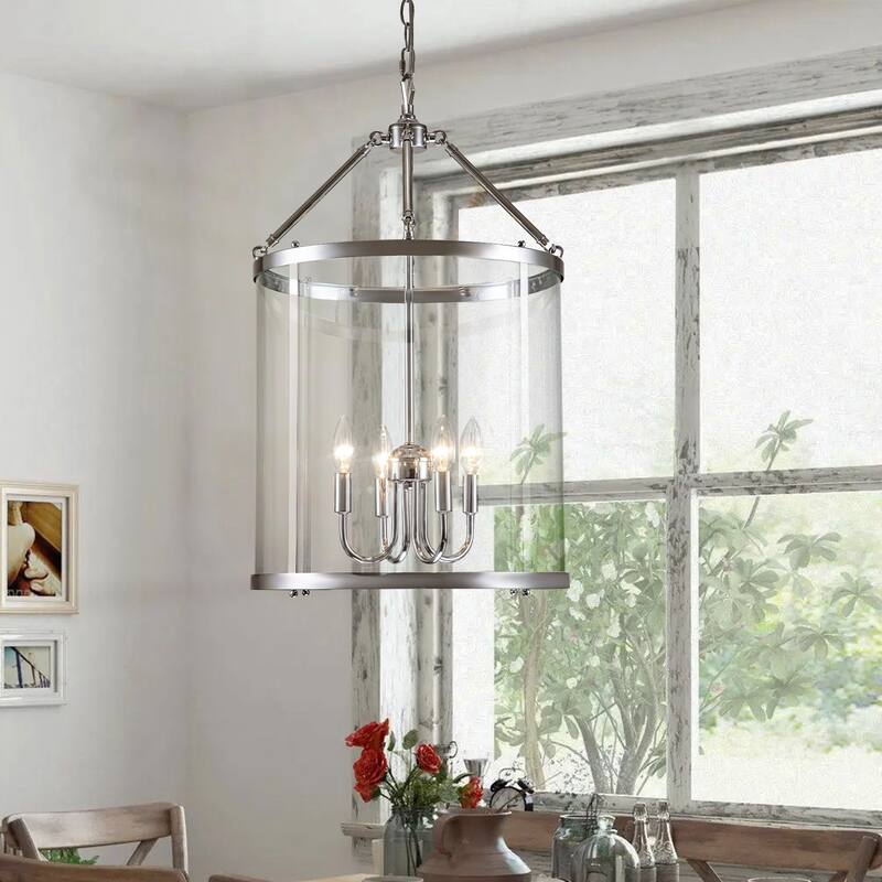 4 - Light Farmhouse Lantern Glass Drum Chandelier for Entryway