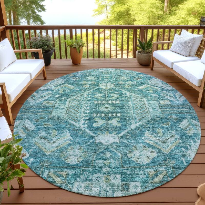 Machine Washable Indoor/ Outdoor Boho Traditional Chantille Rug - Turquoise - 8' x 8'
