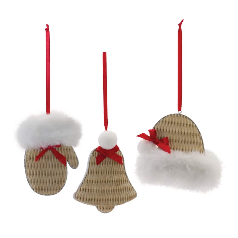 Wicker Mitten, Hat and Bell Christmas Ornaments - 4.5" - 12ct