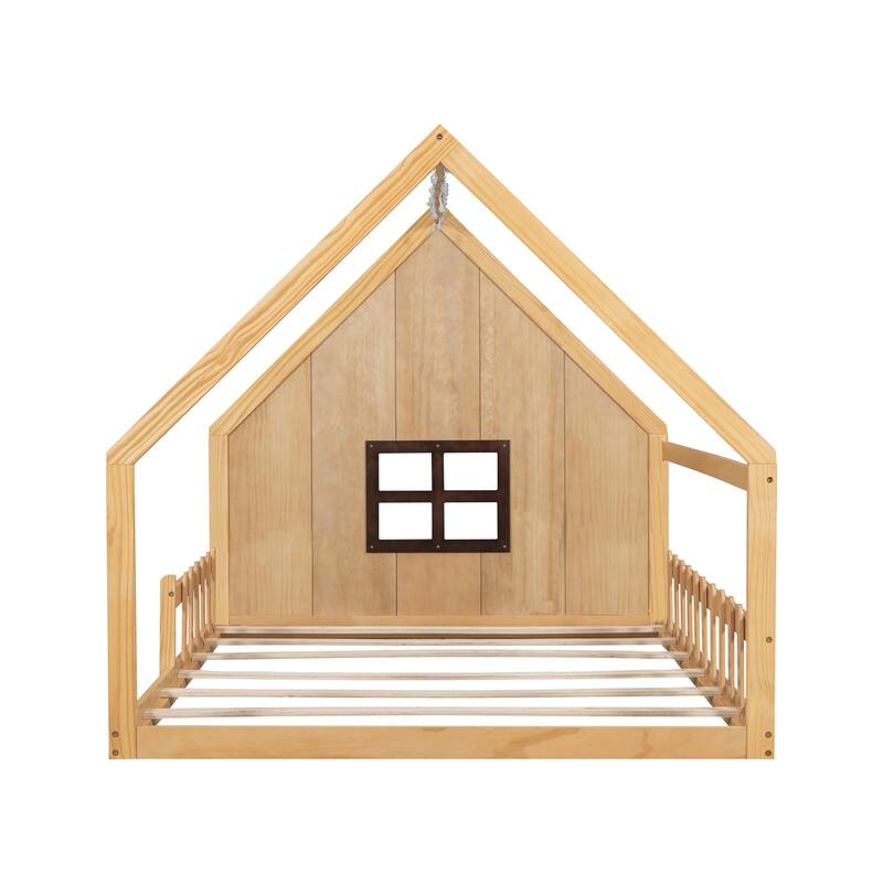Full Size Wood House Bed with Window and Fence