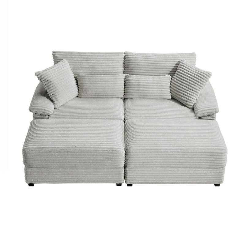 Double Chaise Lounge Set with Reversible Ottoman - Soft Corduroy Fabric, Storage Ottomans,USB Port, Multi-Functional Seat/Table