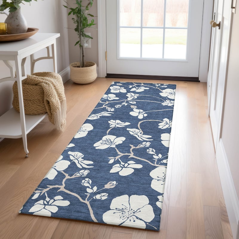 Machine Washable Indoor/ Outdoor Calm Floral Chantille Rug - Navy - 2'3" x 7'6"