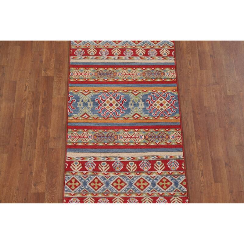 Hand Knotted Oriental 100% Wool Carpet Traditional All-Over Multi-Colored Kazak Runner Rug - 13' 10'' X 2' 6''