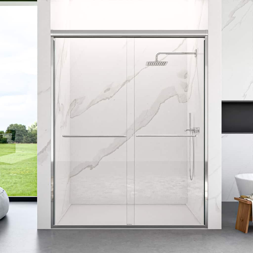 GDFStudio - Modern Semi-Frameless Double Sliding Shower Door with 1/4" SGCC Tempered Glass & Stainless Steel Handle