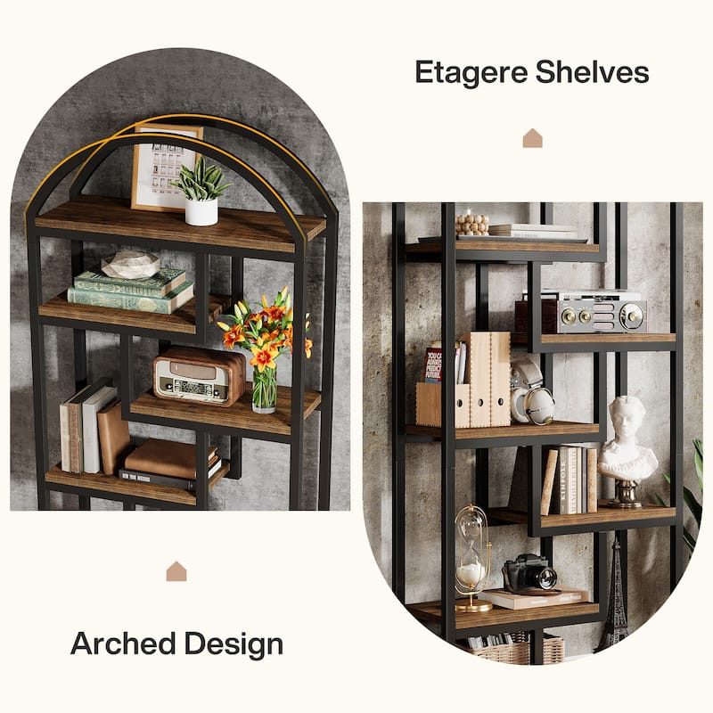71" Tall Arched Bookshelf, 7 Shelf Industrial Etagere Bookcase for Bedroom, Living Room, Home Office