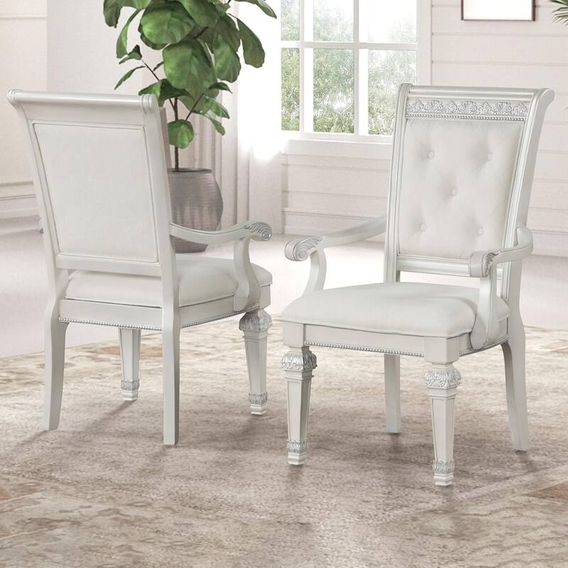 Formal Dining Arm Chairs Set Tufted Ivory Finish