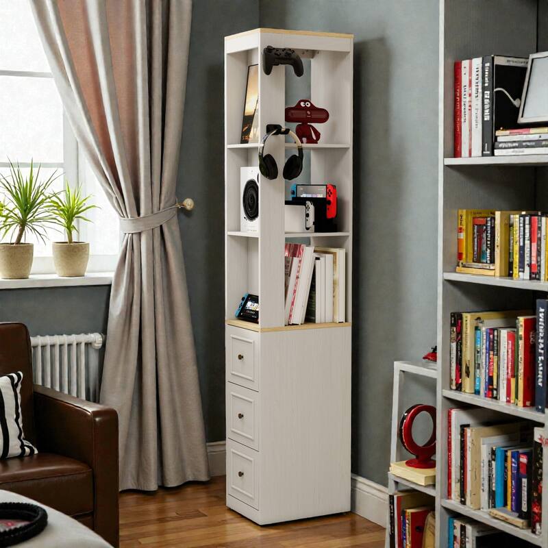 73'' Tall Slim Storage Cabinet with 3 Drawers, Hooks & 3-Tier Shelves, Media Tower for Books, CDs, DVDs, Games & Consoles