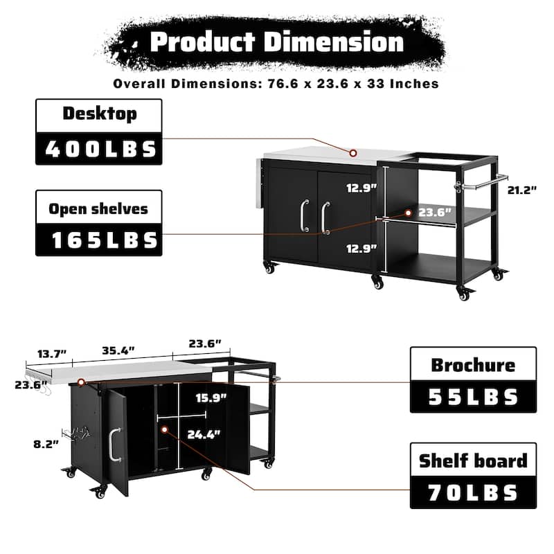 76.6" Outdoor Kitchen Island for Big Green Egg & Kamado Grills, Rolling BBQ Cart with Storage Cabinet & Drop Leaf