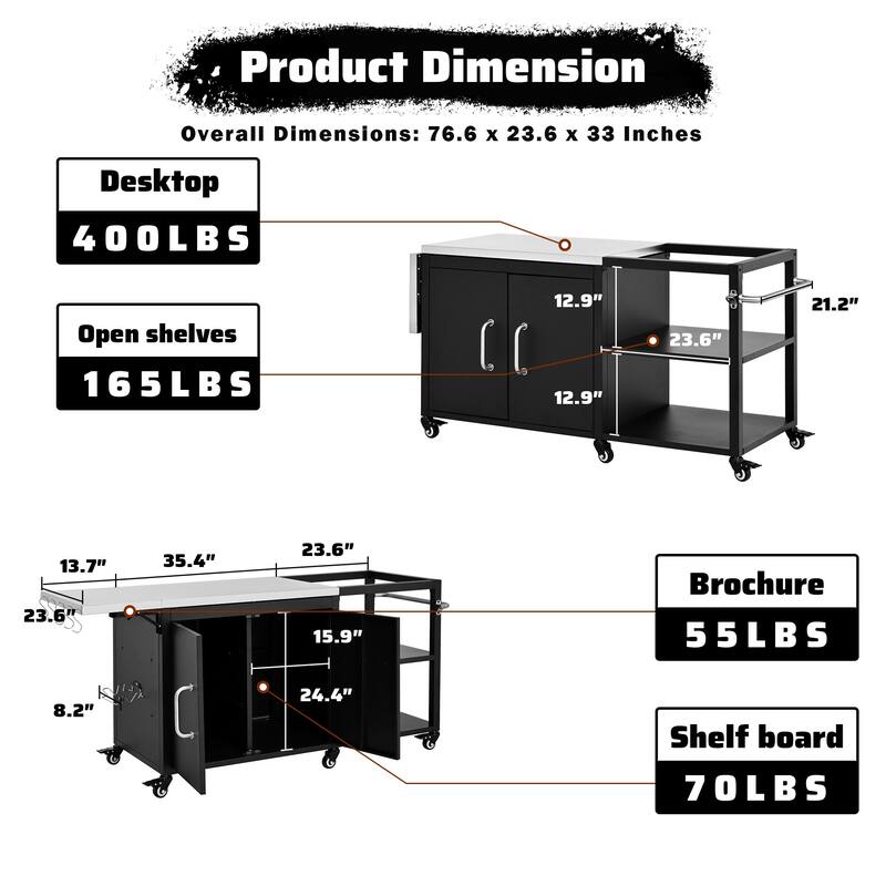 76.6" Outdoor Large Grill Cart with Storage Cabinet, Adjustable Shelf & Hooks & Bottle Opener