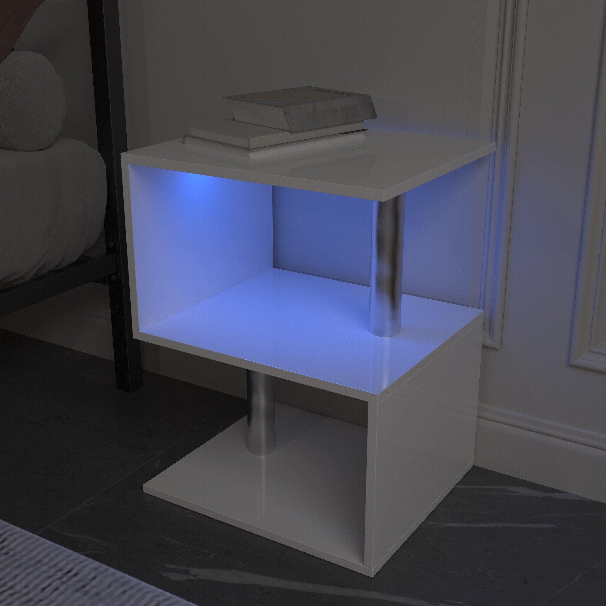 3 Tier S Shaped End Table High Gloss Side Table With Open Storage Shelf And USB Power Supply White LED Coffee Table Bed Bath Beyond 41236958