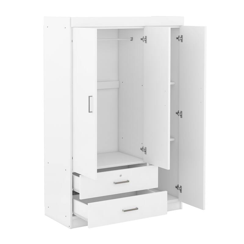 3-Door Mirror Wardrobe, Armoires with Dressing Mirror Hanging Clothes Rod and Drawers with Lock for Bedroom Storage, White