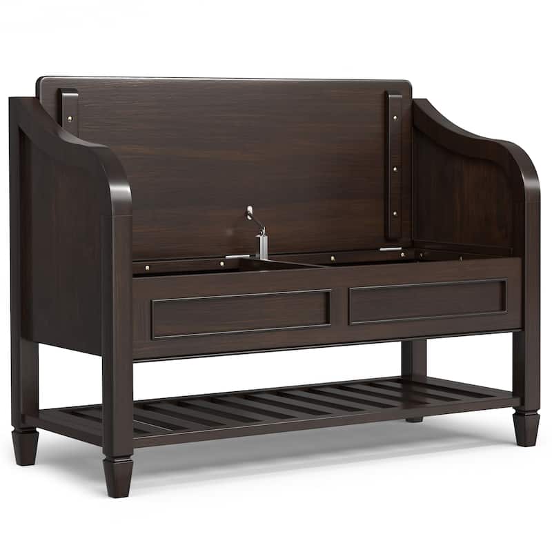 WYNDENHALL Hampshire Solid Wood 42 inch Wide Storage Bench with Shelf and 40 inch Wide Storage Cabinet in Dark Chestnut Brown