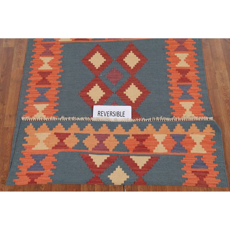 Geometric Blue Flat Weave Kilim Persian Rug Hand-Knotted Wool Carpet - 4'2"x 5'8"