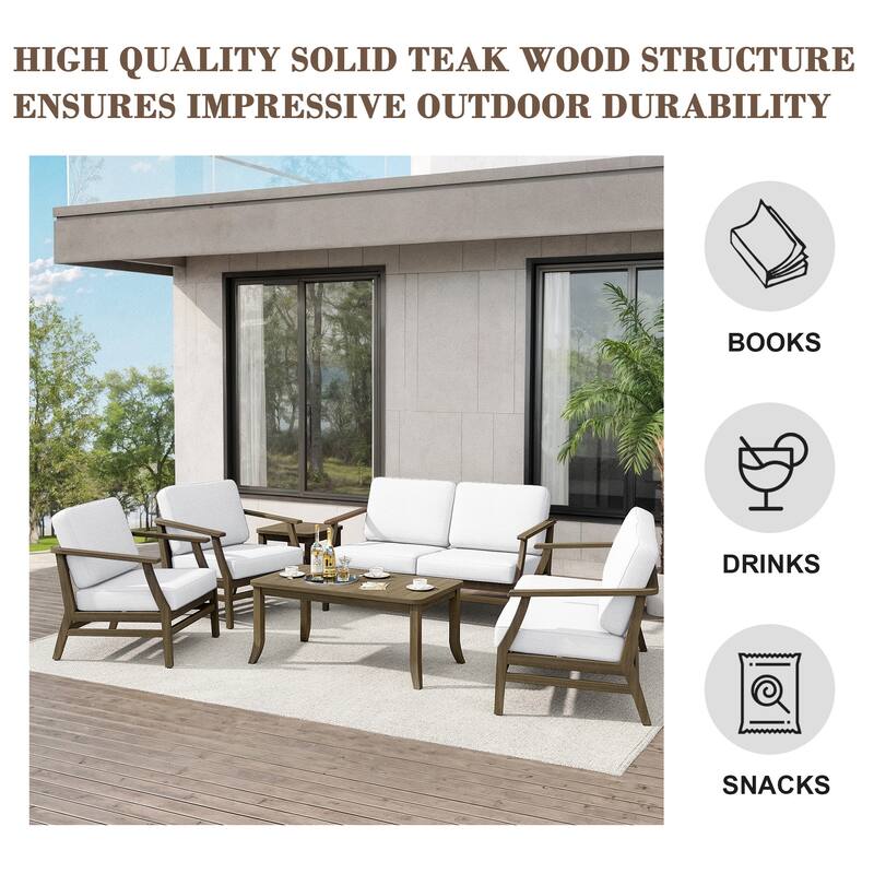 Teak Outdoor Patio Conversation Set with Cushions and Tables (6-Piece)
