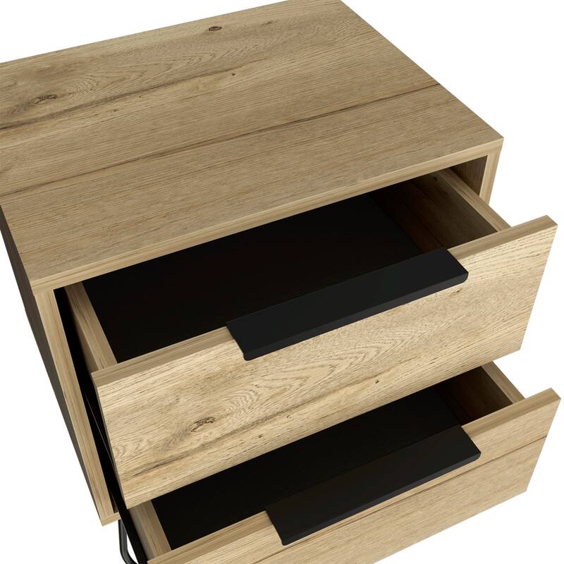 Light Oak Nightstand with Hairpin Legs and Two Drawers