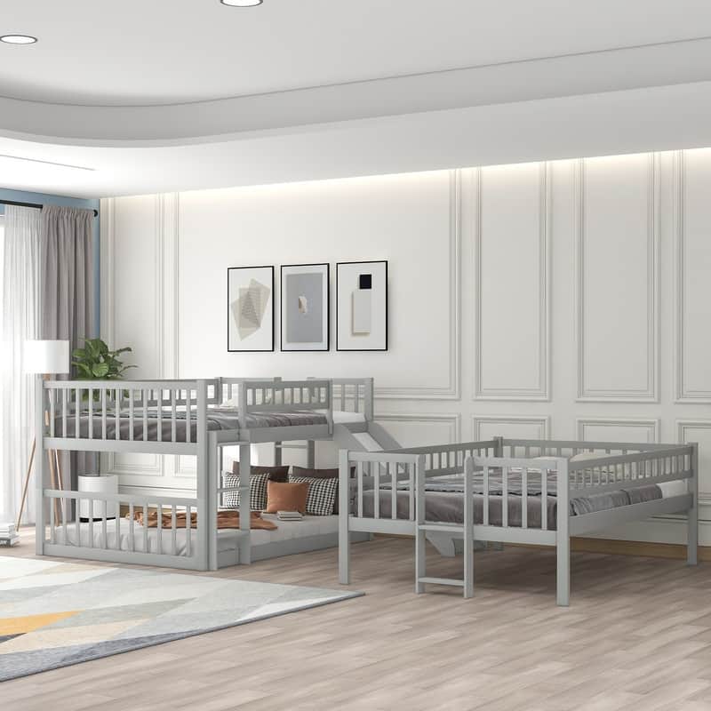 Full-Over-Full-Over-Full Triple Bed with Built-in Ladder and Slide , Guardrails