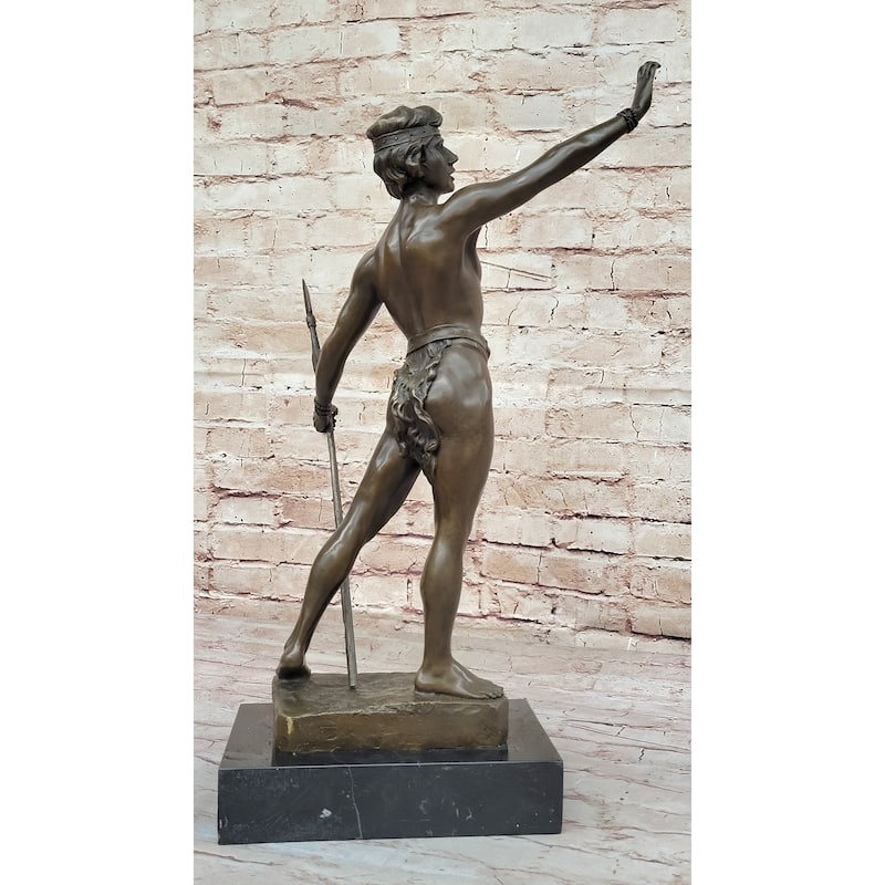 Tarzan King Of The Jungle - Bronze Sculpture Of Muscular Male Warrior W/ Spear By L. Domenech