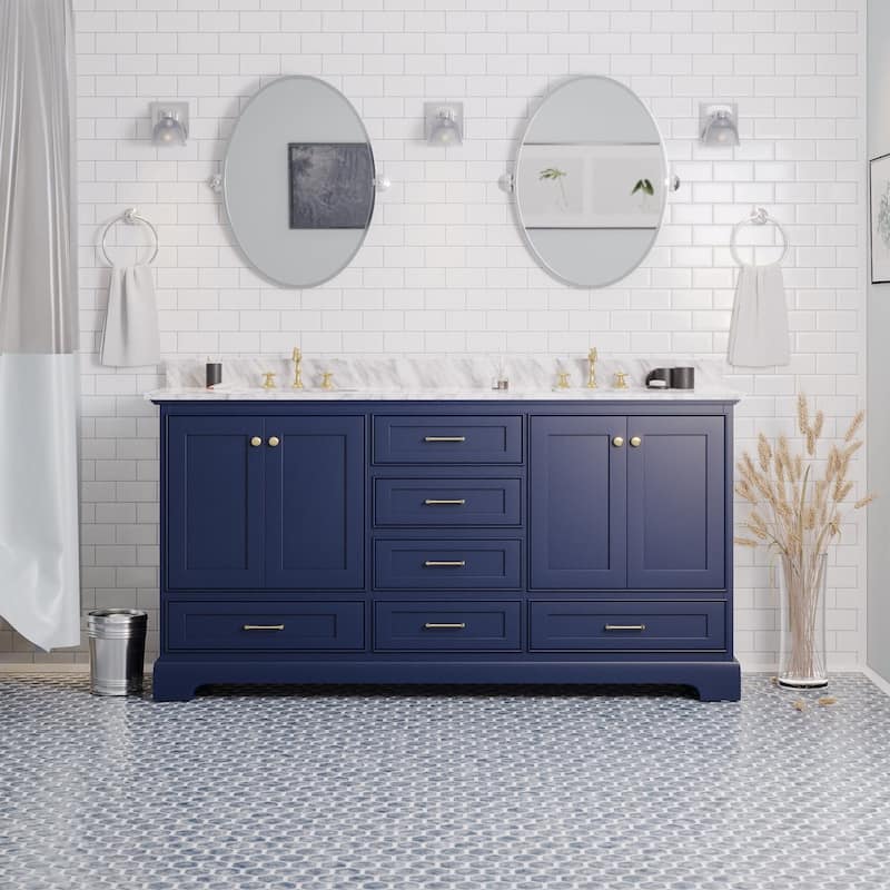 KitchenBathCollection Harper 72" Double Bathroom Vanity with Carrara Marble Top - Royal Blue