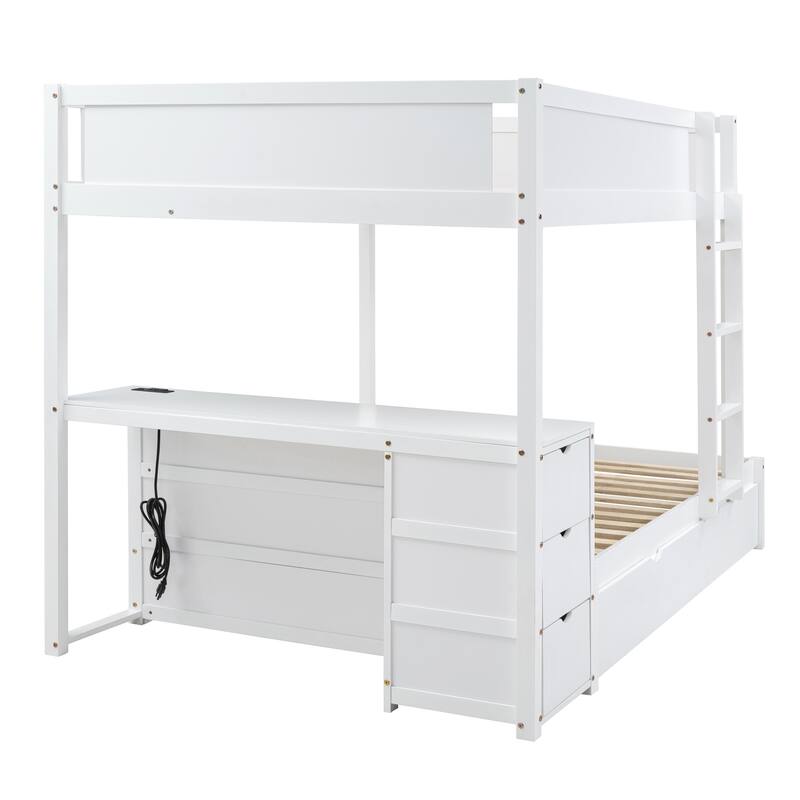 Full-Over-Full Bunk Bed with Twin Trundle, Storage Desk, White