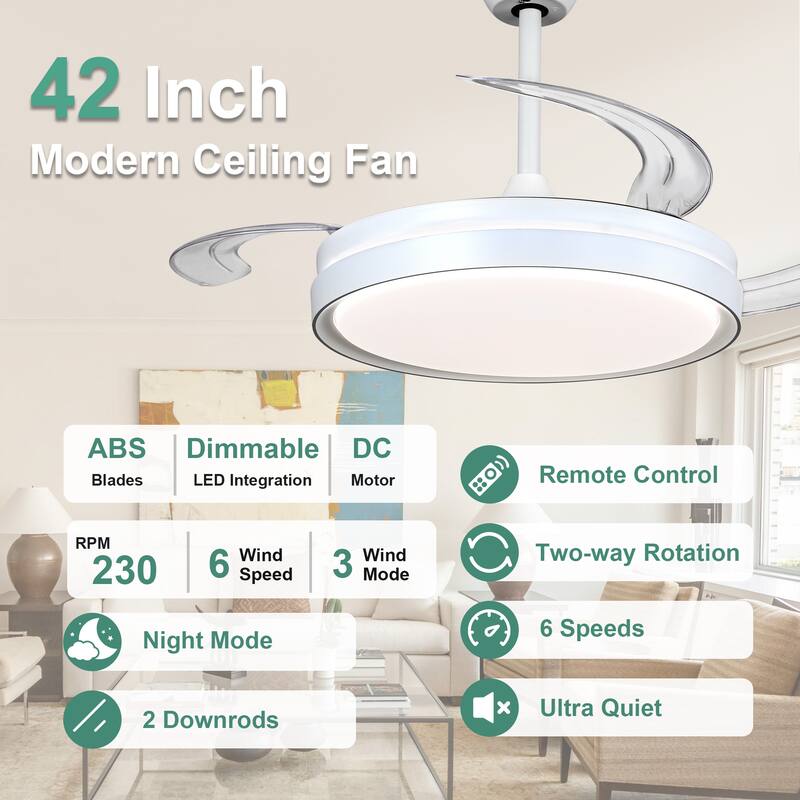 Cusp Barn 42 Inch Retractable Ceiling Fan with Lights, Modern Silent DC Motor 6 Speeds Chandelier Ceiling Fan for Bedroom