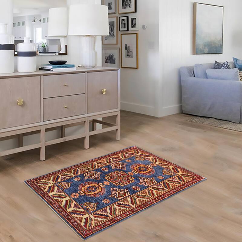 Southwestern Super Kazak Zion Blue/Beige Hand Knotted Wool Rug - 2'9'' x 3'8''