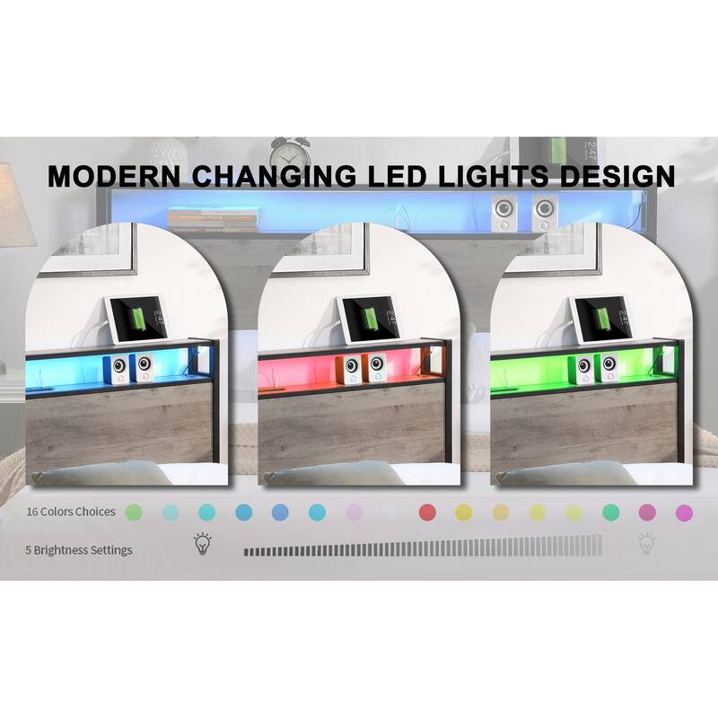 Full Size Storage Bed Frame with LED Lights, USB Charging Station & Noise-Free Design