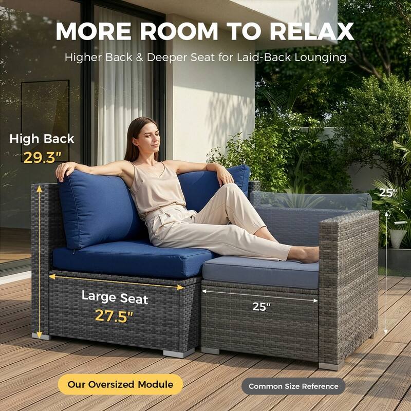 Outdoor Sectional Conversation Set PE Wicker with Double Chaise Lounge, 60,000 BTU Fire Pit Table