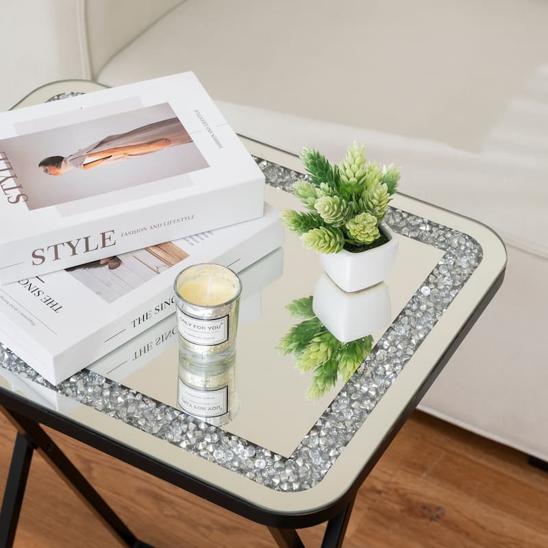 Foldable Mirrored Side Table Metal Leg End Table for Small Space