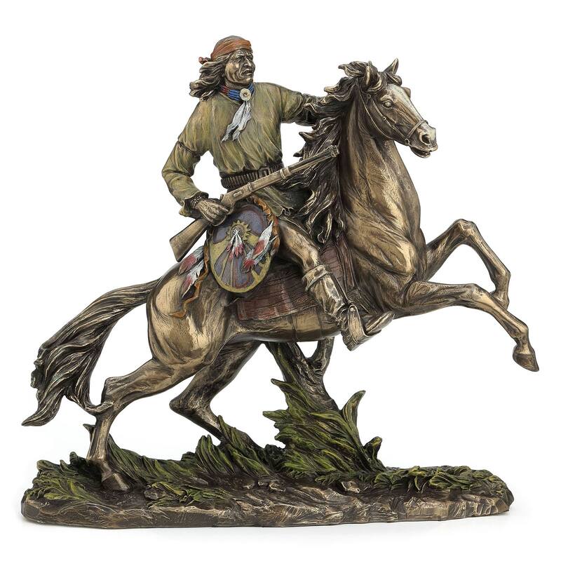 12.01" H APACHE WARRIOR ON HORSEBACK WITH RIFFLE AND SHIELD Cold Cast Bronze - 5.51"x12.01"x11.22"