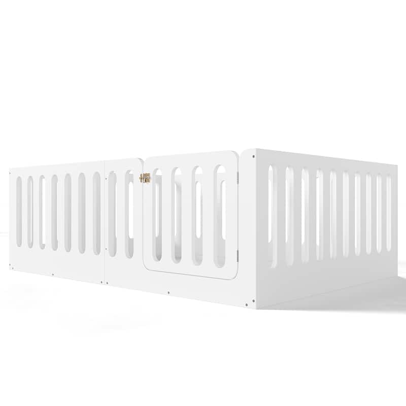 Full Size Floor Bed with High Fence for Kids, Solid Wood Kids Montessori Bed with Door, No Box Spring Needed Design