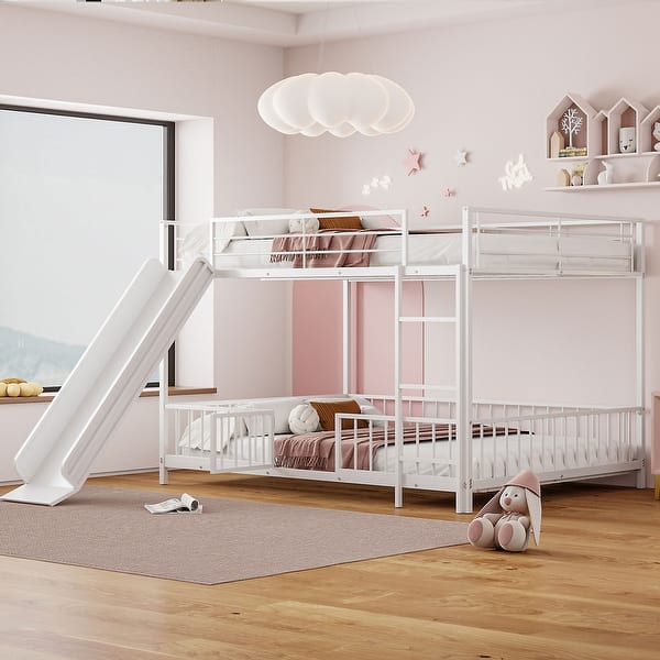 slide 2 of 80, Metal Bunk Bed with Slide and Guardrails for Kids, Boys and Girls, Bedroom Full over Full - White