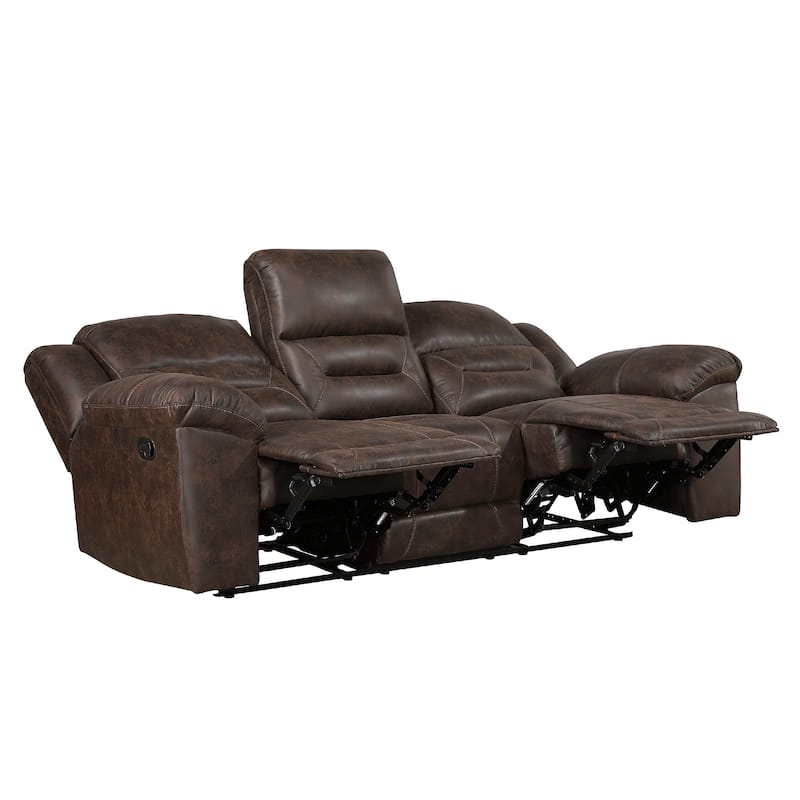 Henry Manual Double Reclining Sofa, Pillow Tuft Dark Brown Microfiber