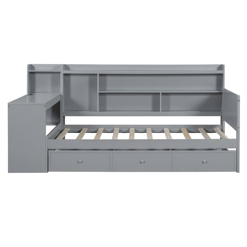 Twin/Full Daybed with 3 Storage Drawers and Bedside Desk, Wooden Day Bedframe Sofa Bed with Storage Shelves and USB Ports