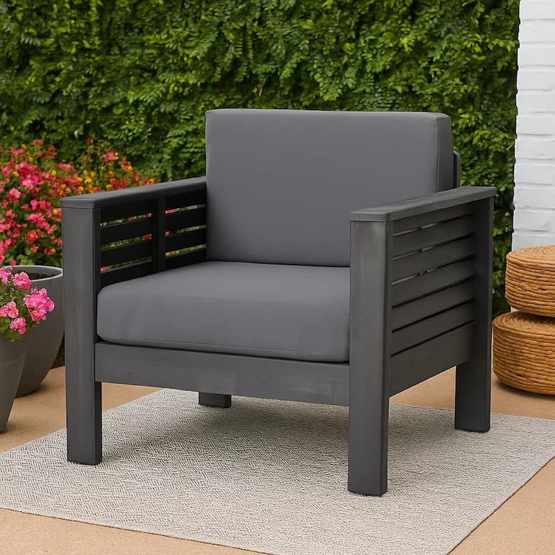 Quim Outdoor Club Chair, Shutter Slat Panel, Gray Acacia Wood, Gray Fabric