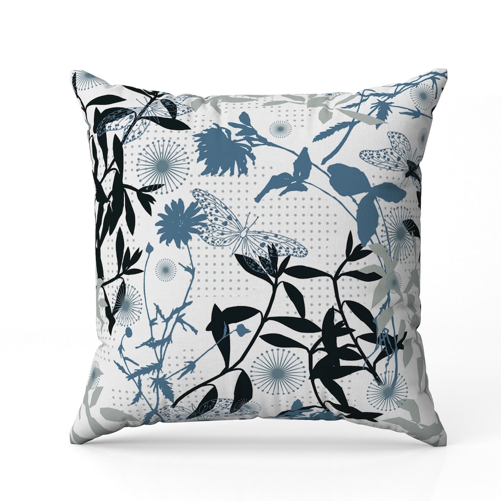 Butterfly Floral Orbit Indoor/Outdoor Reversible Throw Pillow Blue and White