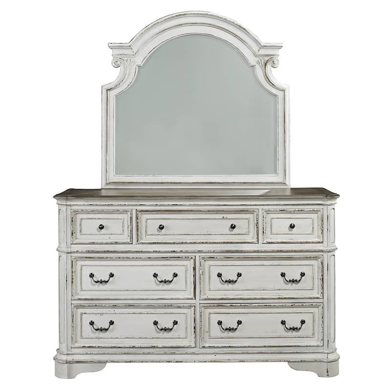 Magnolia Manor Upholstered Bed, Dresser and Mirror, and Nightstand Set