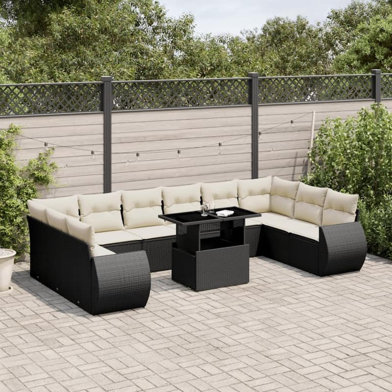 vidaXL Patio Sofa Set with Cushions Outdoor Furniture 11 Piece Poly Rattan - 21.7 x 39.4 x 28.7 - Black and Cream