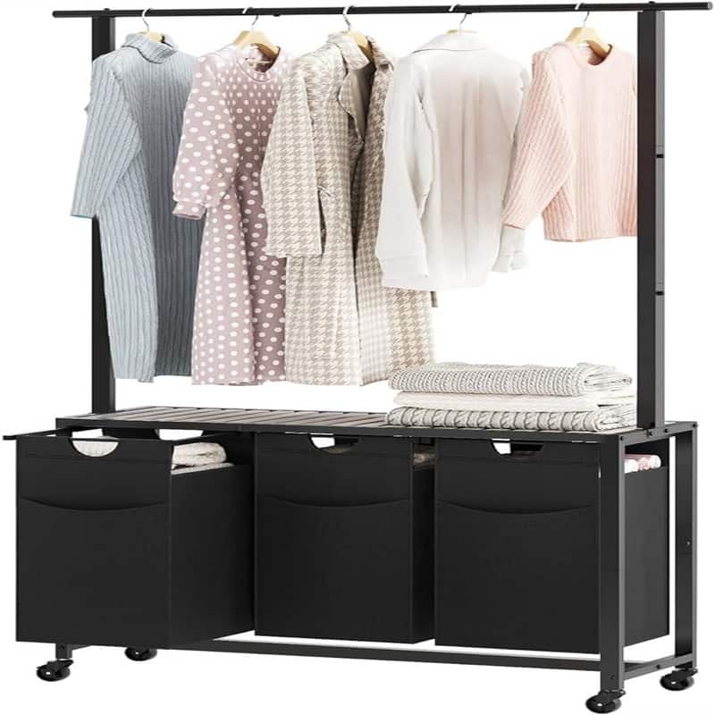 Laundry Sorter, Rolling Laundry Hamper with Hanging Rack - 35.4"L x 11.8"W x 70.9"H - Greige+Black