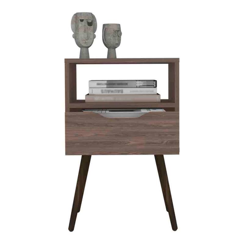 Dark Walnut Nightstand with Open Shelf and Single Drawer