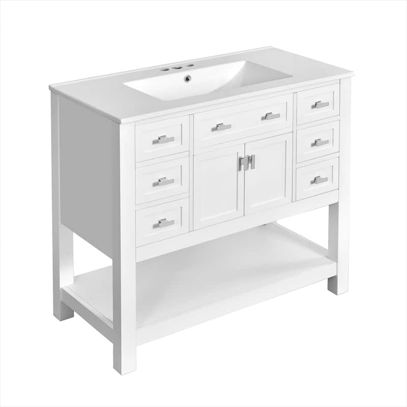 Single Sink Bathroom Vanity Storage Cabinet with 2 Soft Closing Doors, 6 Drawers, Open Shelf and Silver Metal Handles