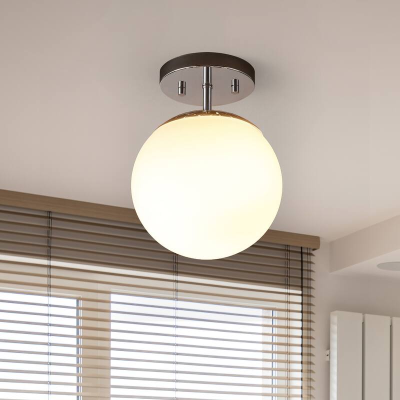 Galax Bistro 7.75" 1-Light Bohemian Farmhouse Iron/Frosted Glass LED Semi Flush Mount, Brass Gold/White by JONATHAN Y - Chrome/White