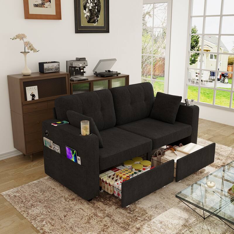 67.76" Chenille 3-Seater Sofa with USB Ports and Storage - Black