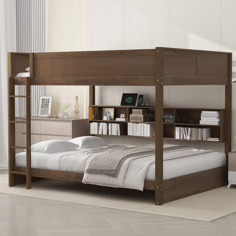 Wood Queen Bunk Bed with Storage Cabinets and USB Ports