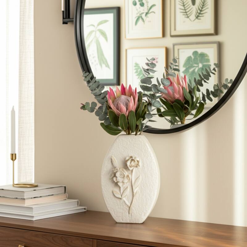 Ceramic Earthenware Textured Vase with Tapered Rim and Organic Pattern